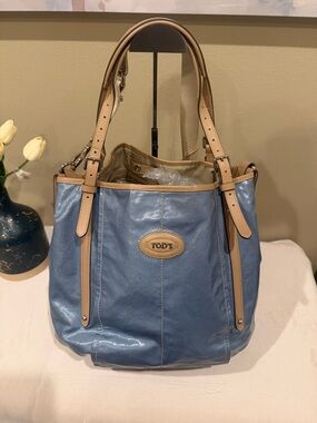 TOD'S Blue Leather Shoulder Bag with Tan Trim and Straps